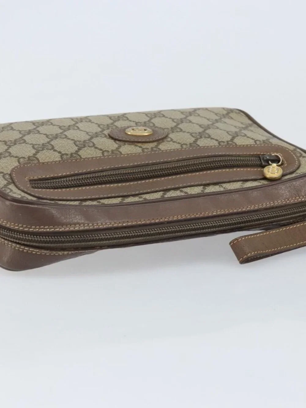 GUCCI GG Supreme Clutch Bag PVC Beige Gold Auth YKZ053